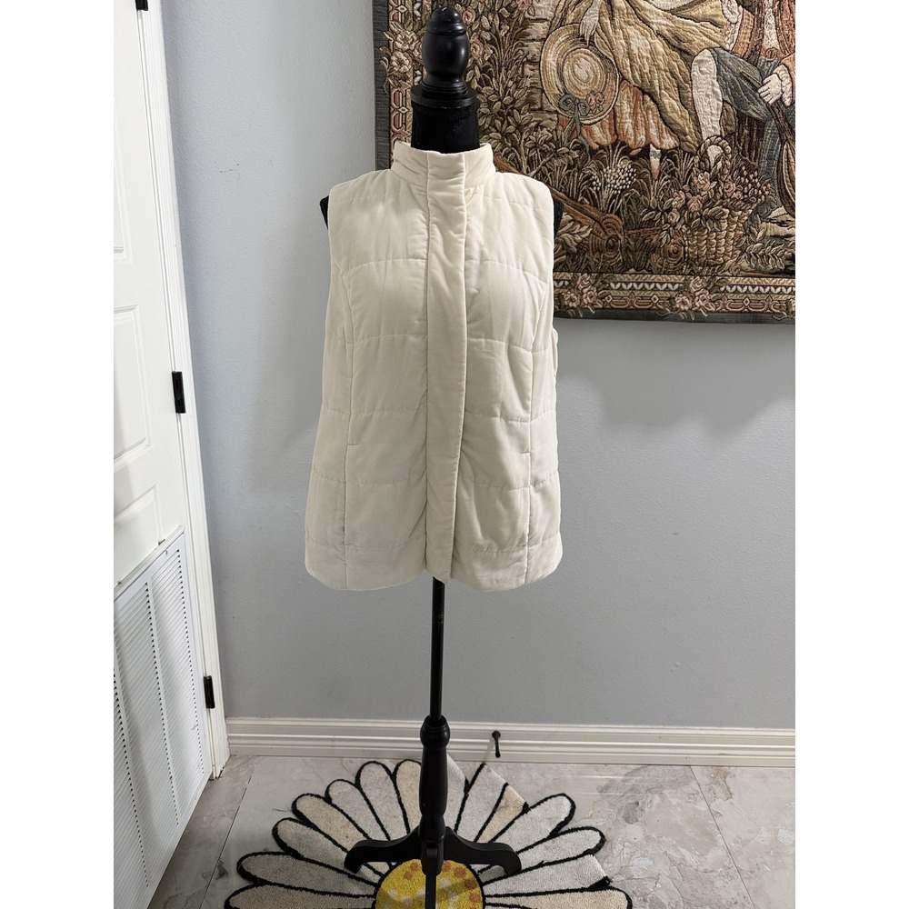 J. Jill Vest Womens Small Ivory Quilted Puffer Snap Front Mock Neck Pockets